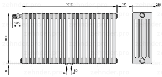 Схема (чертеж) Радиатор Zehnder Charleston 6100/22 №V007 Белый глянцевый RAL 9016